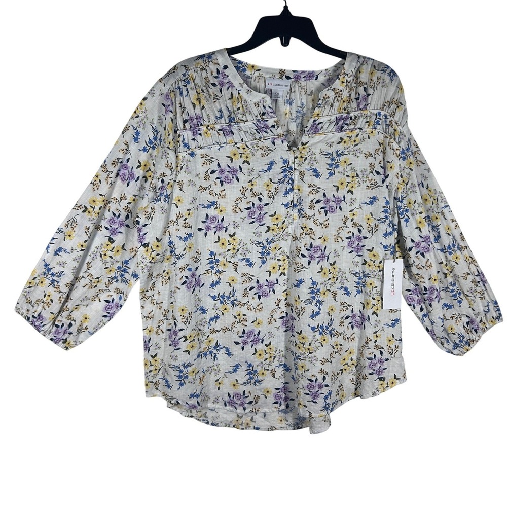 Liz‎ Claiborne White Floral Blouse Top Women's Size XXL Long Sleeve NEW